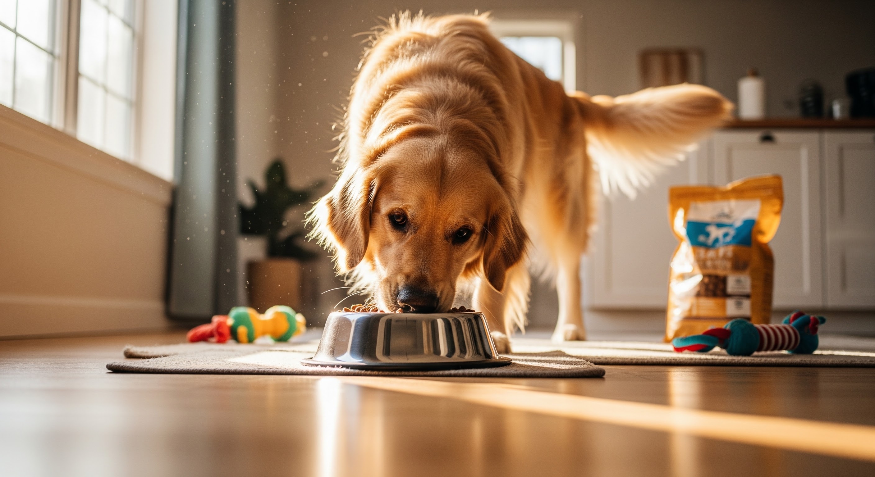 A photograph of a dog happily eating dog food out of a bowl inside a home.