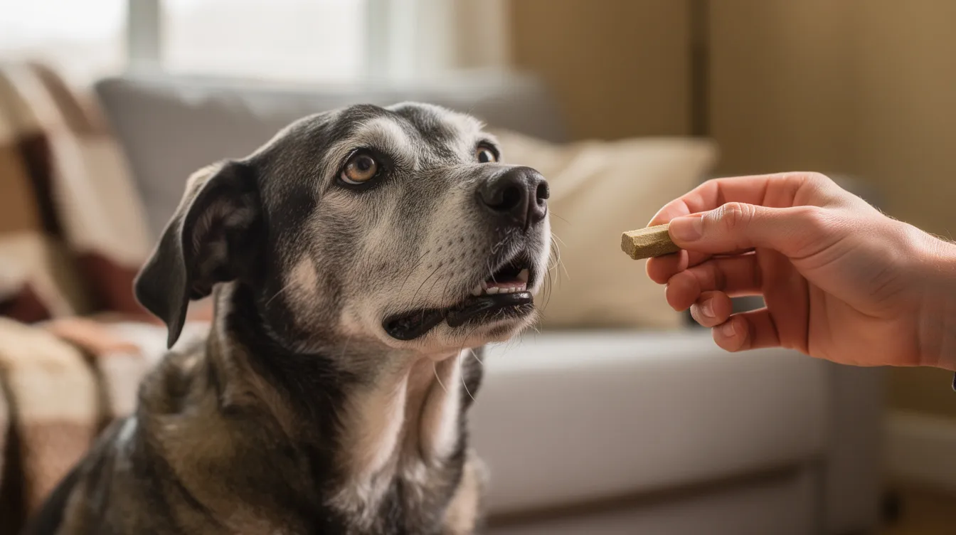 A senior mixed breed dog is happily receiving a joint supplement treat from its owner, promoting joint health and potentially easing discomfort associated with conditions like canine osteoarthritis. This dietary support may help lubricate joints and improve the dog's quality of life.
