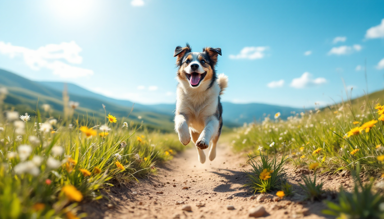 A happy dog going for a run on a dirt trail in a hilly field on a clear summer day