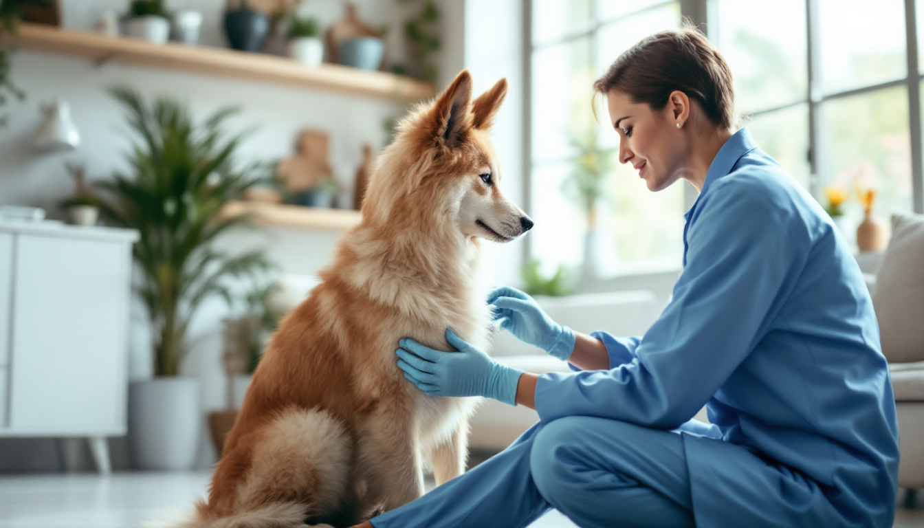 A veterinarian gently examining a calm dog in a bright modern clinic, warm and trustworthy atmosphere, soft natural lighting