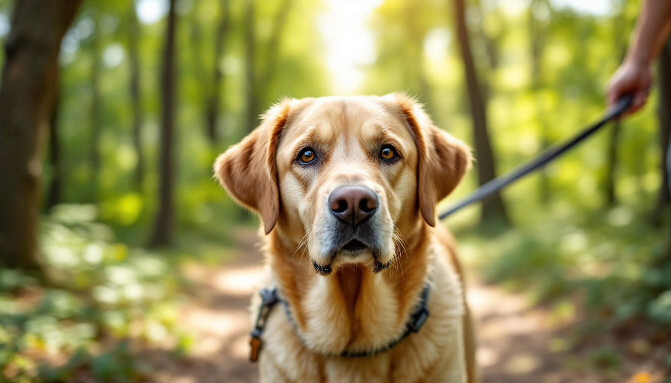 An older labrador retriever with a grey muzzle on a walk outside on a trail on a sunny day