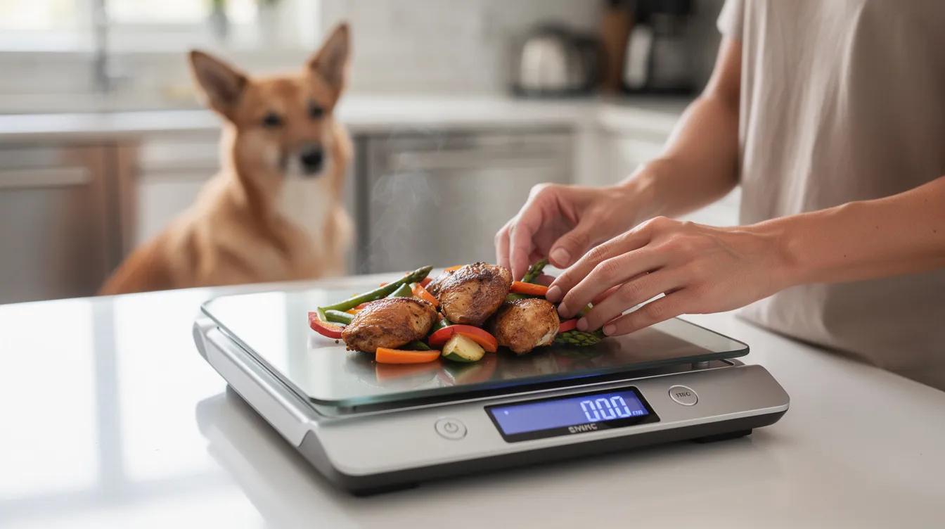 A person's hands are carefully placing pieces of cooked chicken and fresh vegetables, including green beans and sweet potatoes, on a digital kitchen scale while a curious dog watches in the background. This scene illustrates the process of making homemade dog food, emphasizing the importance of using high-quality ingredients for a balanced diet that supports a dog's health.